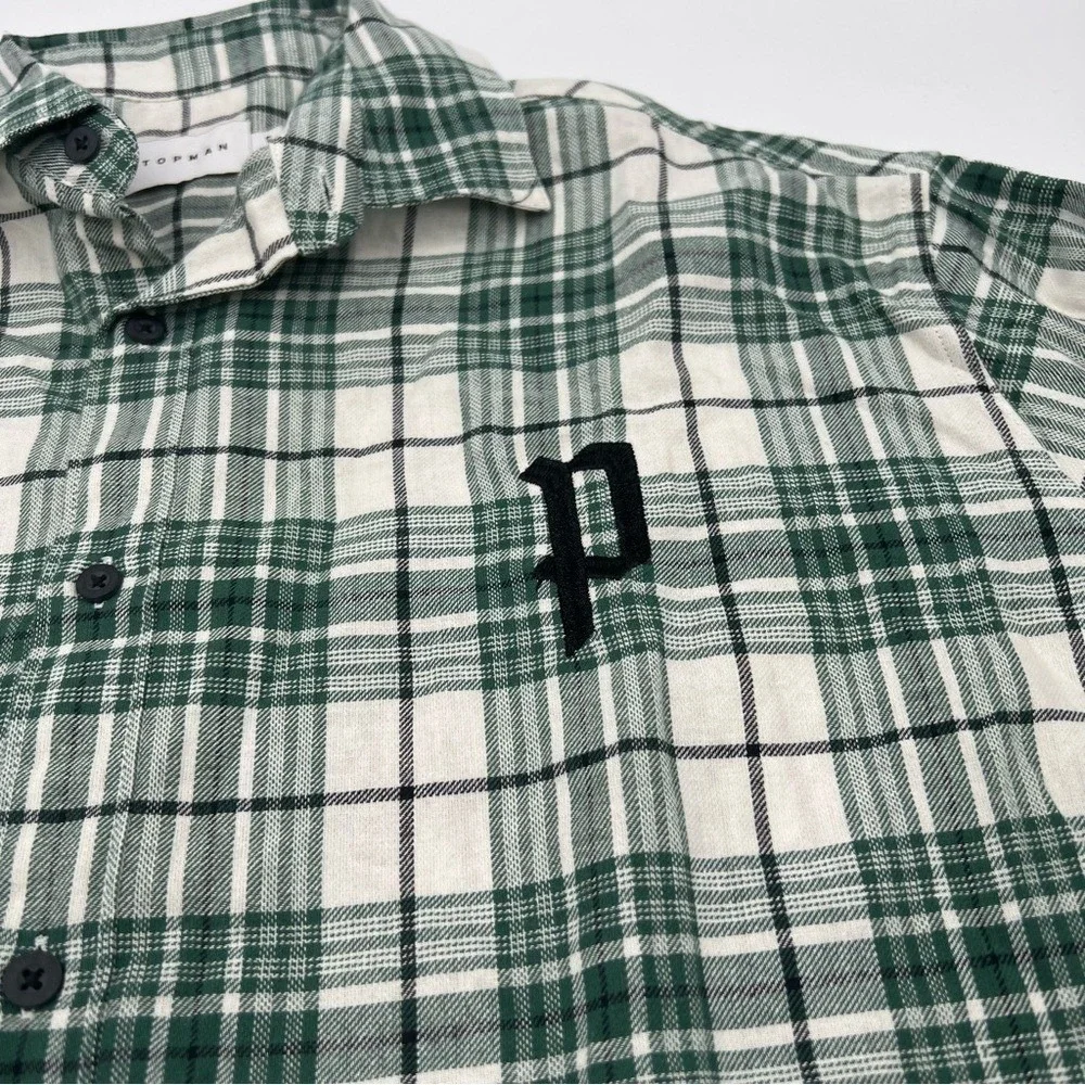 Topman‎ Mens Green White Plaid Embroidered Peace Flannel Button Down Shirt S NEW